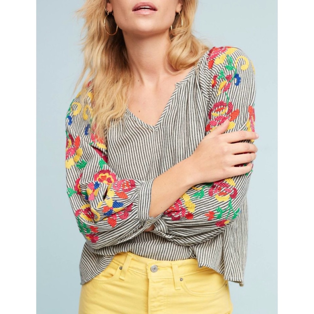 Anthropologie Floreat Soleil Embroidered Peasant Blouse Floral Tassel Top Sz XS